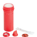 Red cylindrical container with accessories on a white background