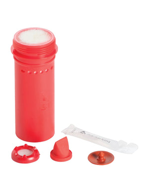 Red cylindrical container with accessories on a white background