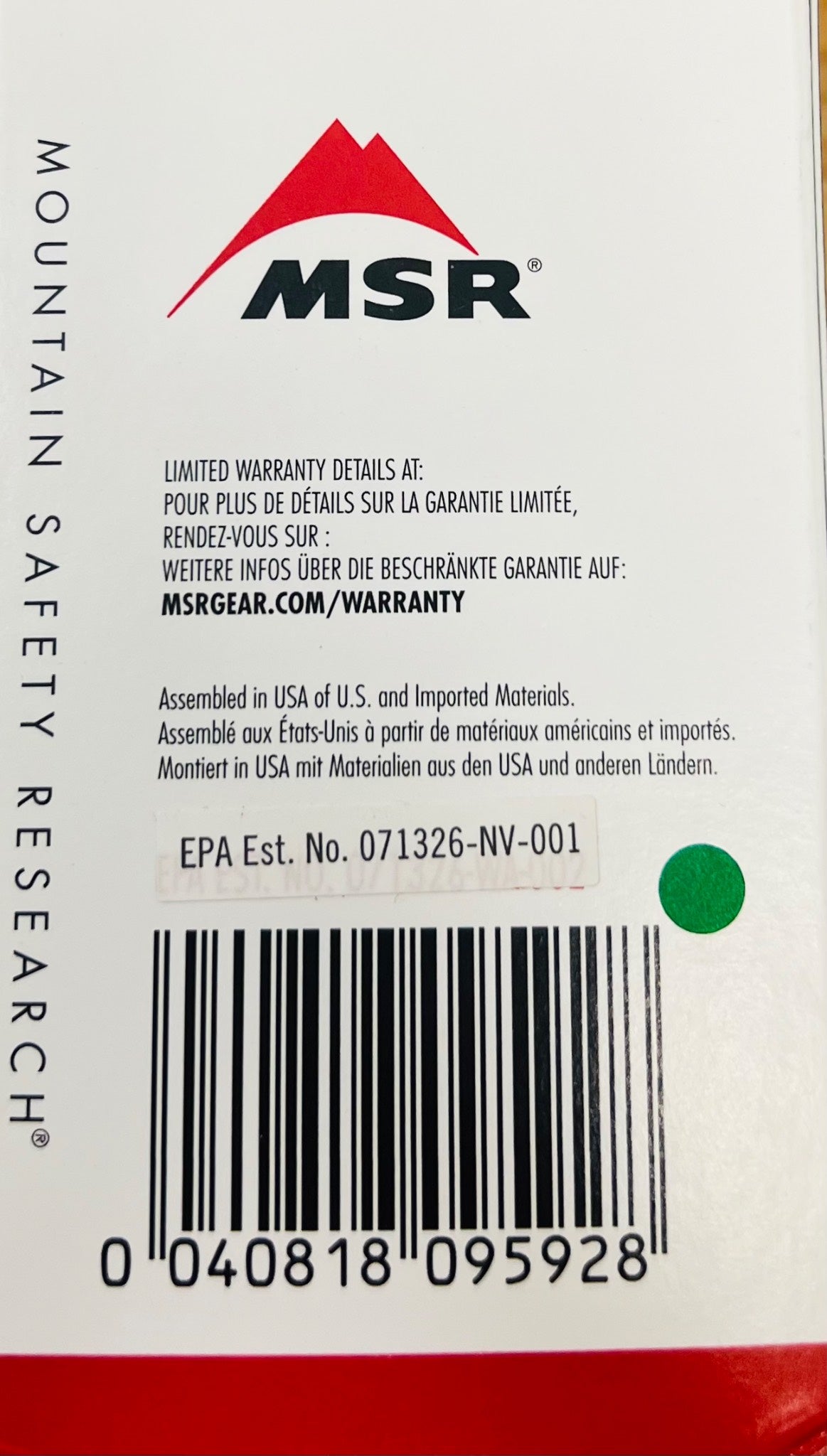 MSR (Mountain Safety Research) product label with barcode and text on a white background
