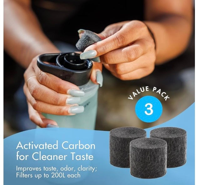 Person holding a container with activated carbon filters for cleaner taste, labeled 'Value Pack 3'.