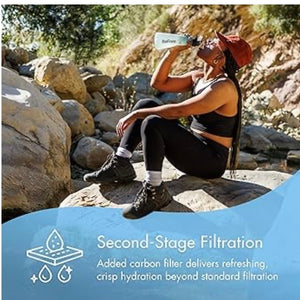 Person sitting on rocks outdoors holding a water bottle with text about second-stage filtration.
