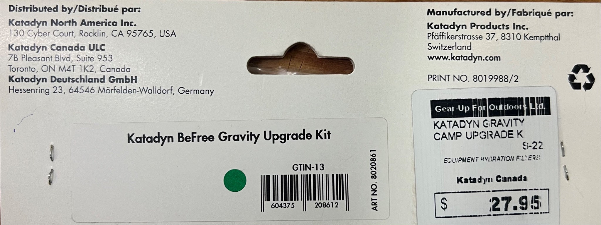 Katadyn Befree Gravity Upgrade Kit packaging with product details and pricing.