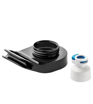 Set of kitchen tools including a black ladle, white faucet handle, and black container on a white background