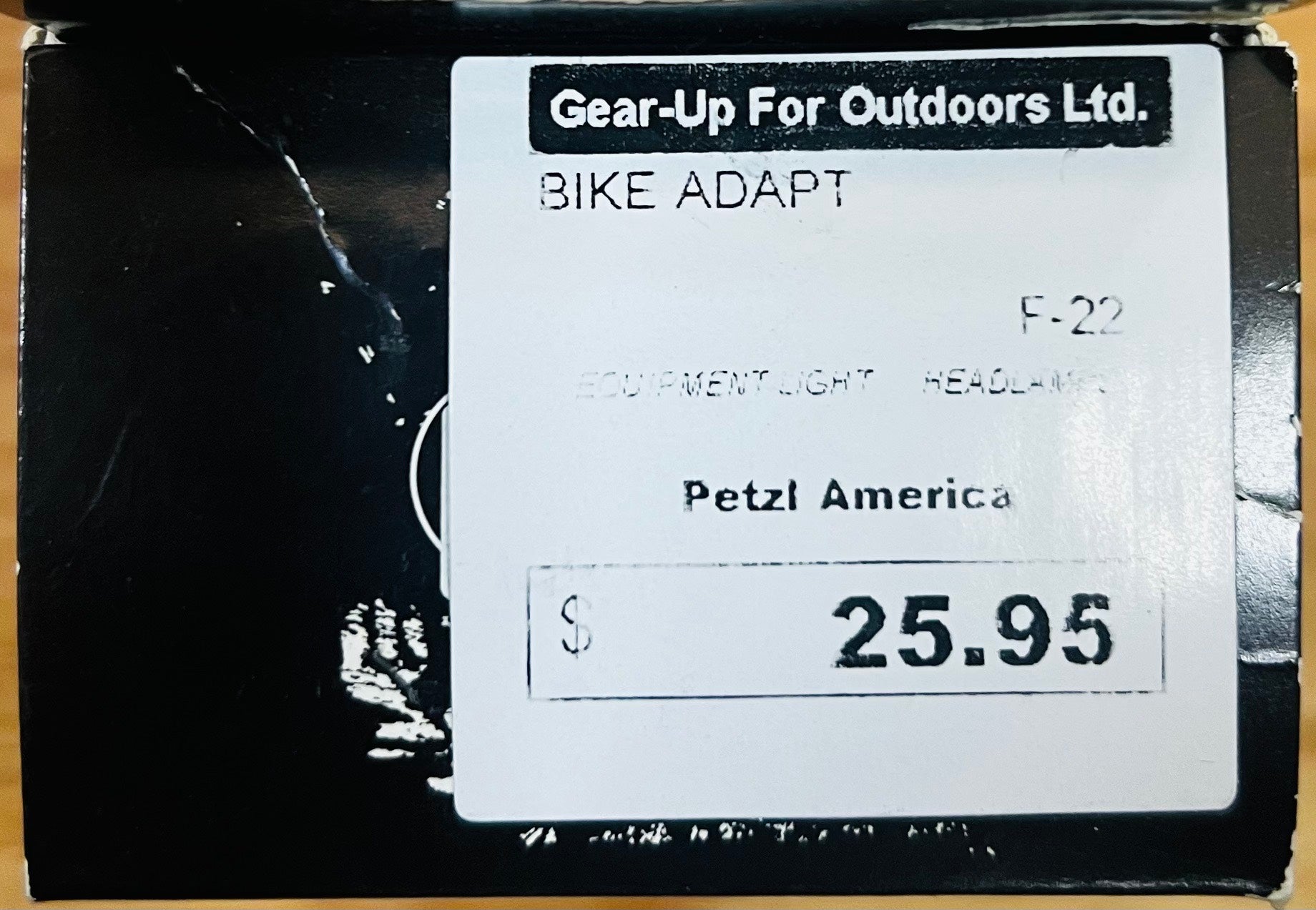 Product packaging with 'Gear-Up For Outdoors Ltd.' label and price tag for a bike adapter.