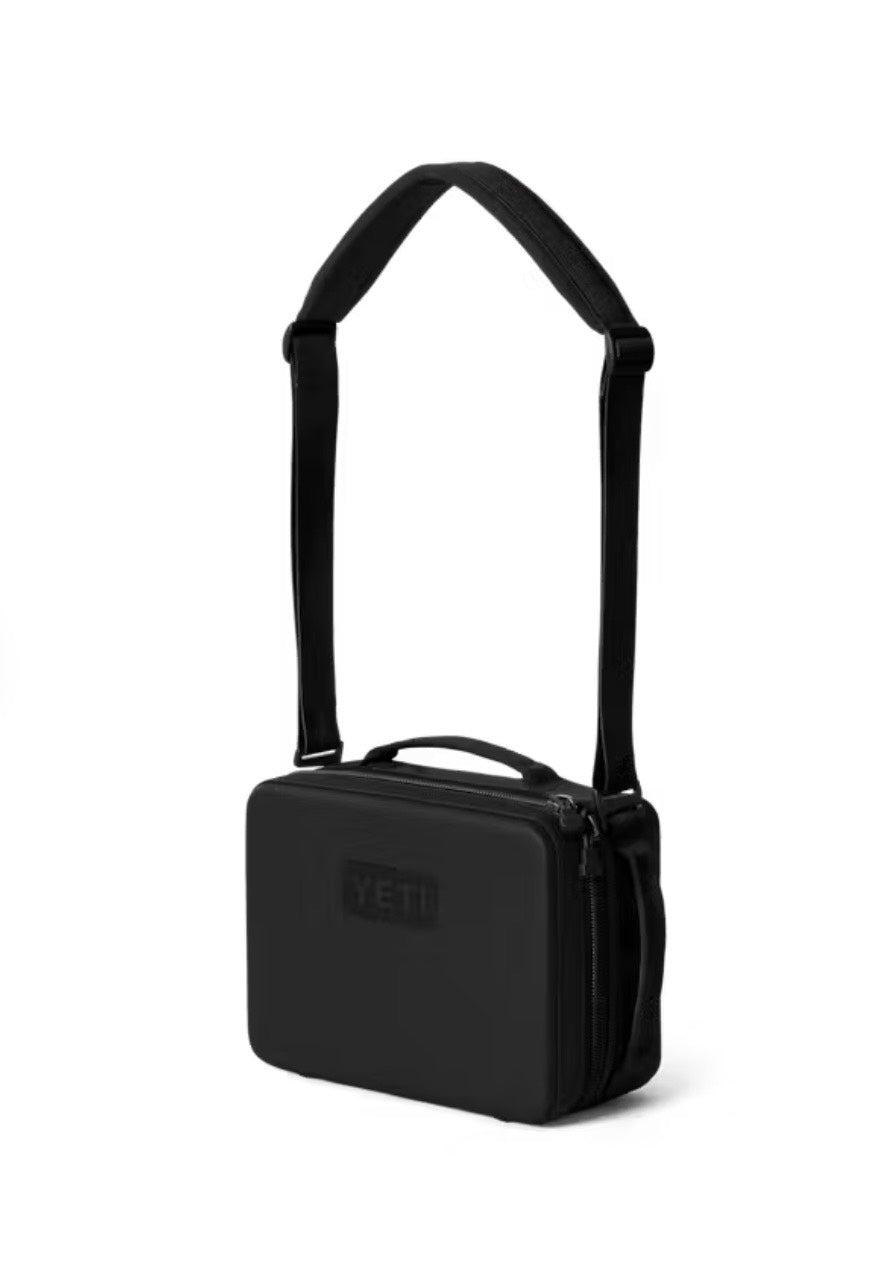 Black crossbody bag with a strap on a white background