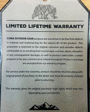 Kuma Outdoor Gear limited lifetime warranty card with text and mountain graphic.