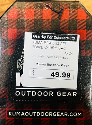 Kuma Outdoor Gear tag on a plaid bag with product details and price.