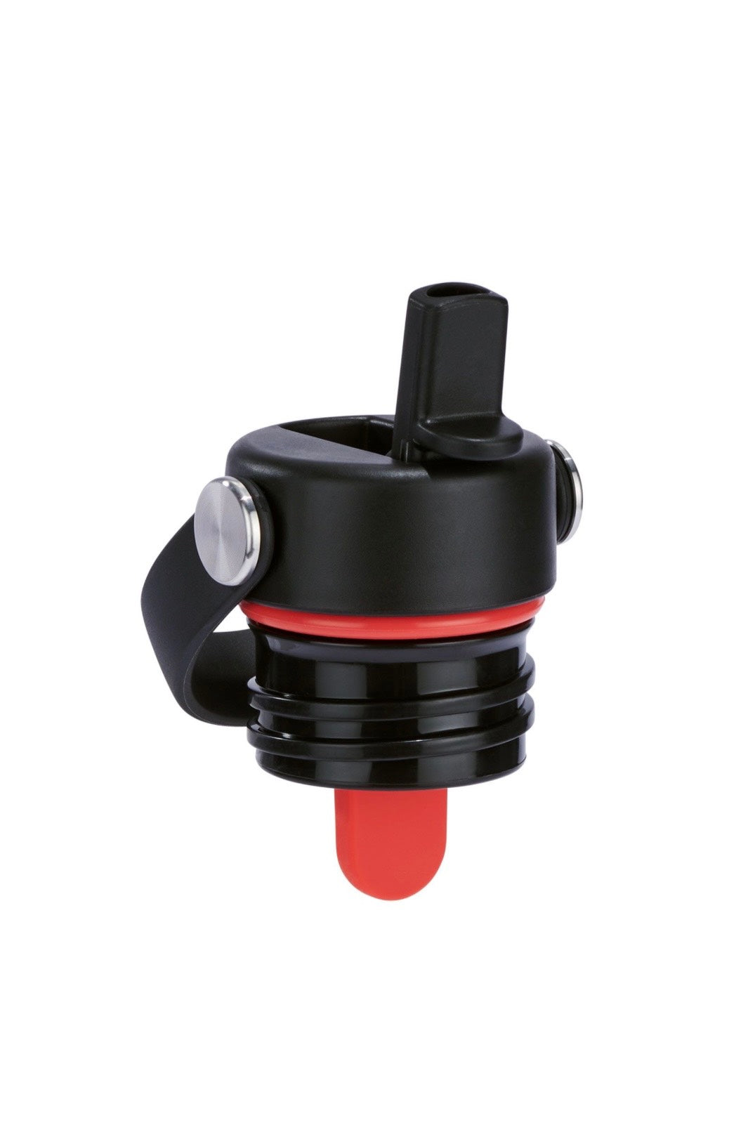Black and red valve stem cap on a white background