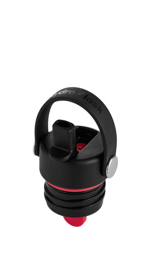 Black and red water bottle with a cap on a white background