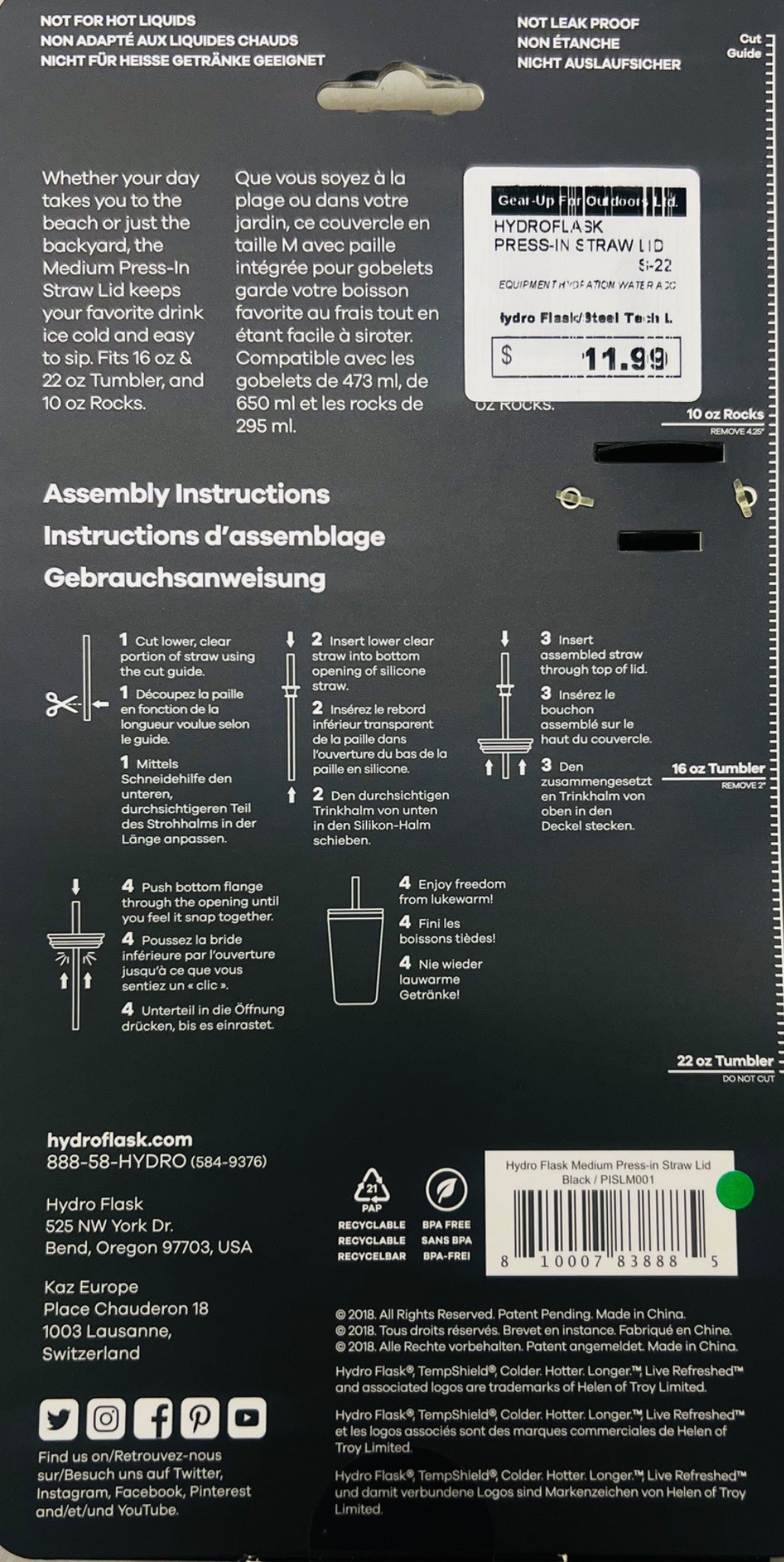 Back of a product packaging with assembly instructions and branding.