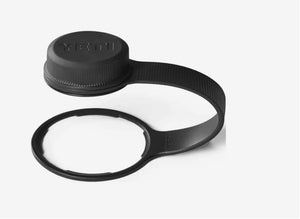 Black YETI bottle cap with a magnifying glass on a white background