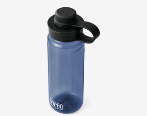 Blue water bottle with black lid and handle on a white background