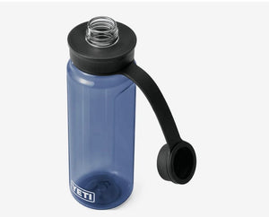 Blue water bottle with black lid and handle on a white background