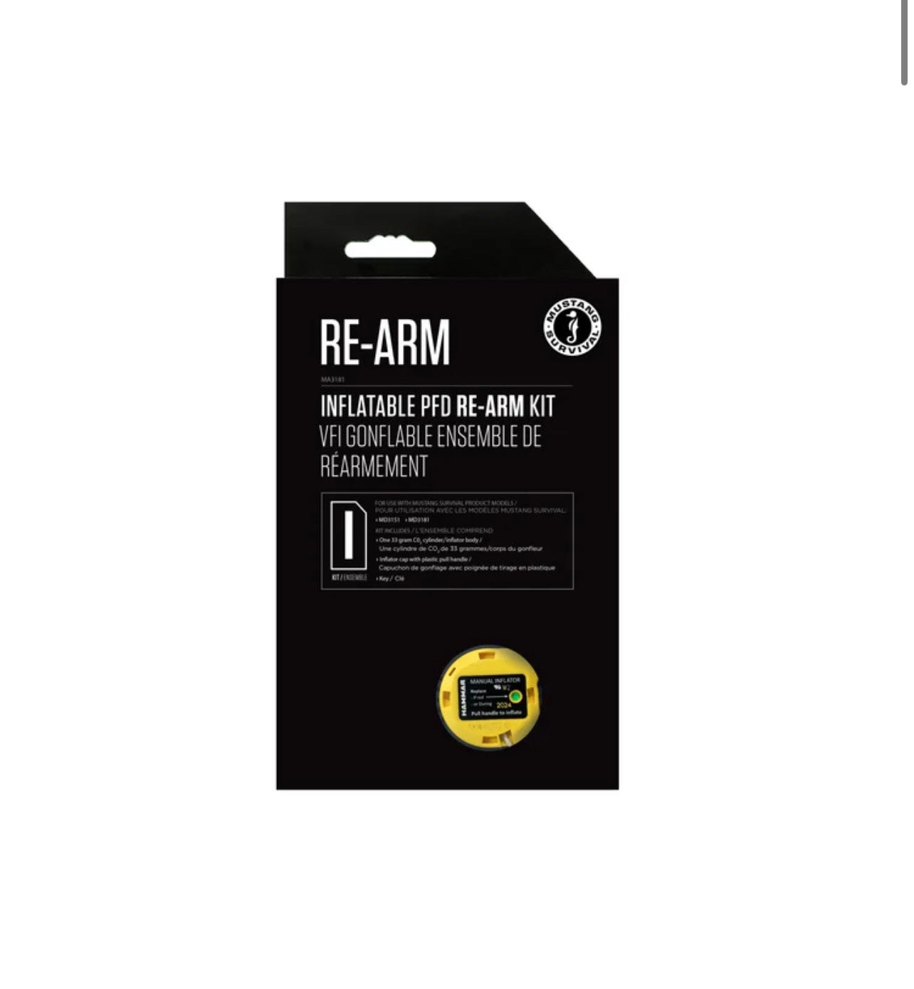 Black packaging of RE-ARM inflatable PFD re-arm kit on a white background