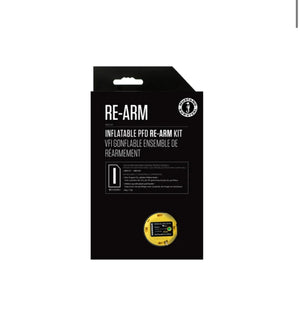 Black packaging of RE-ARM inflatable PFD re-arm kit on a white background