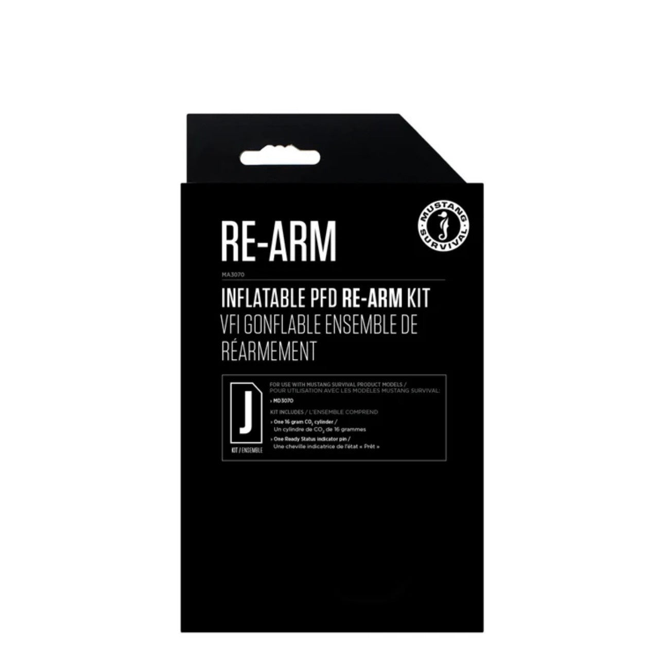 Black packaging of RE-ARM inflatable PFD re-arm kit on a white background