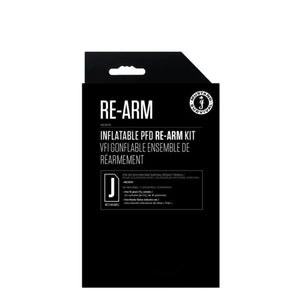 Black packaging of RE-ARM inflatable PFD re-arm kit on a white background