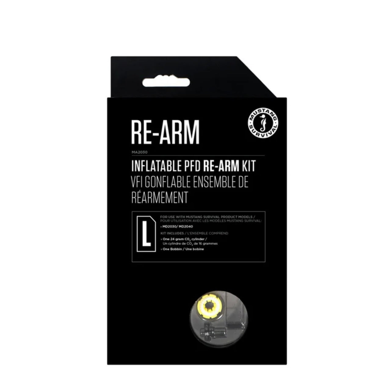 Black packaging of RE-ARM inflatable PFD replacement kit on a white background
