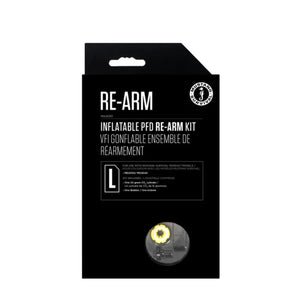 Black packaging of RE-ARM inflatable PFD replacement kit on a white background