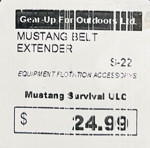 Label for Mustang Belt Extender with branding and price information.