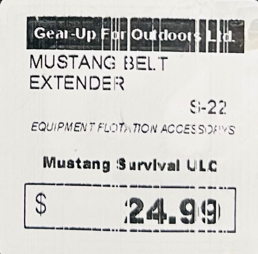 Label for Mustang Belt Extender with branding and price information.