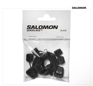 Pack of Salomon Quicklace black shoelaces in clear packaging with brand logo.