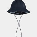 Black bucket hat with a chin strap on a white background