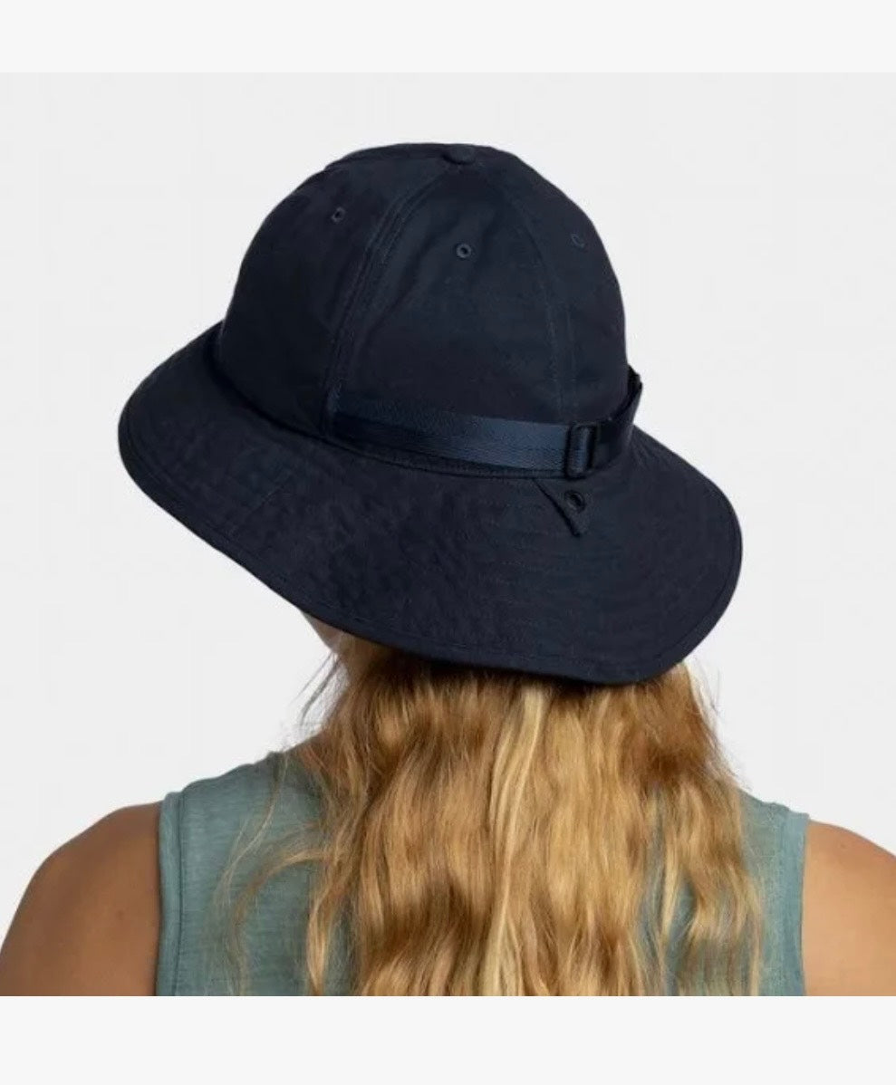Navy bucket hat worn by a person on a white background