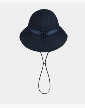 Black bucket hat with a strap on a light gray background