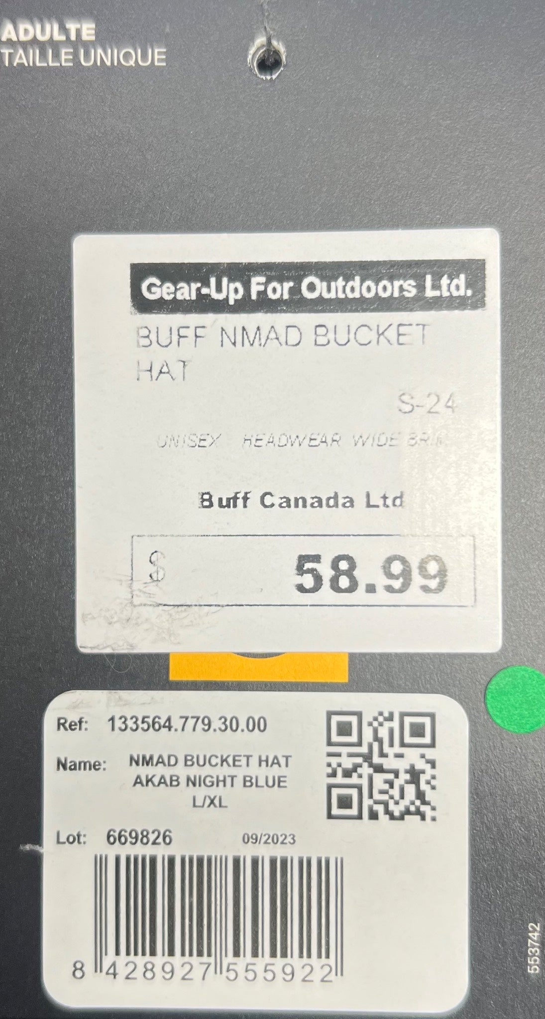 Price tag for a Buff NMD Bucket Hat from Gear-Up For Outdoors Ltd. on a gray background.