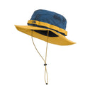 Two-toned bucket hat with yellow brim and blue crown on a white background