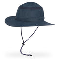 Navy blue wide-brimmed hat with chin strap on a white background