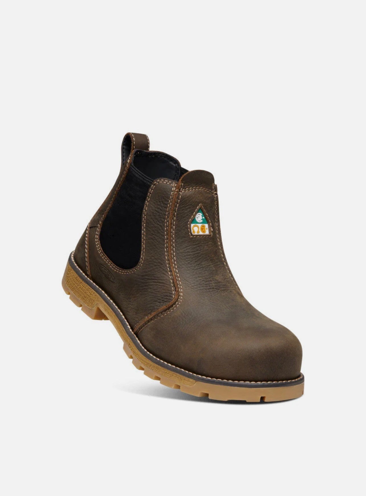 Brown Chelsea boot with a visible brand logo on a white background