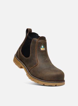 Brown Chelsea boot with a visible brand logo on a white background