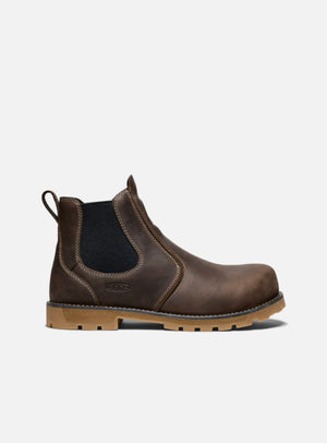 Brown leather boot with a black sole on a white background