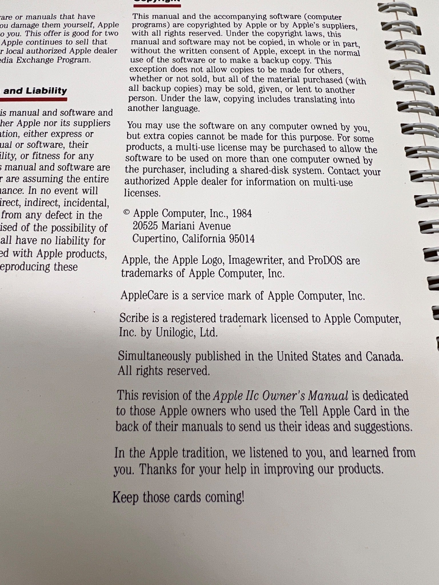 Vintage 1984 Apple IIc Owner's Manual 030-0797-A Spiral Bound Technical Guide