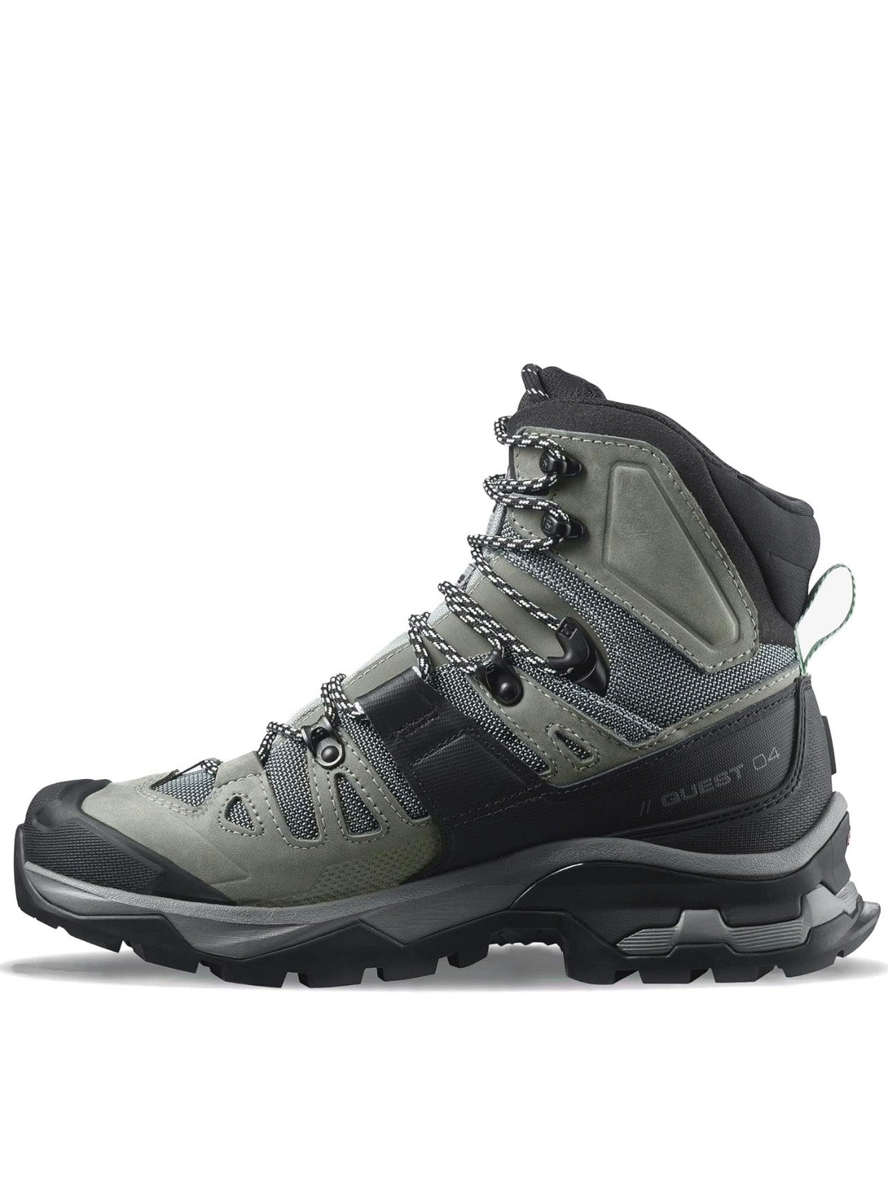 Gray hiking boot with black accents on a white background