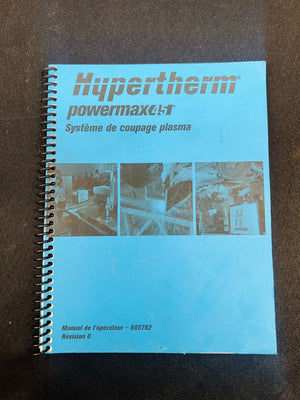 Blue manual with Hypertherm branding on a brown surface
