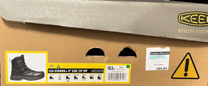 Box of Keen utility boots with a warning label and product details.