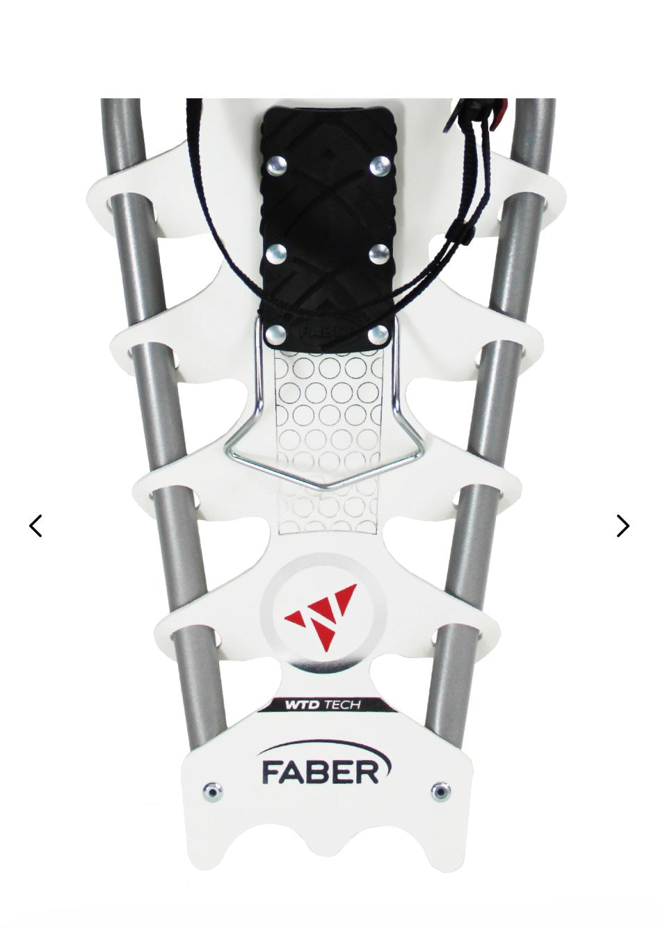 Faber snowshoe on a white background with a browser tab showing fabersnowshoes.com.