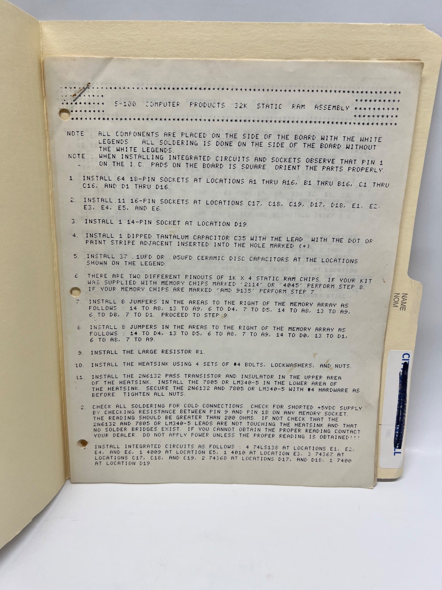 S-100 32K Static RAM Assembly Instructions