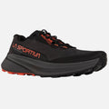 Black running shoe with orange accents on a white background