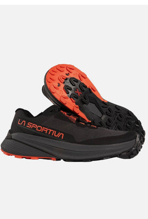 Black and orange running shoe with 'La Sportiva' branding on a white background