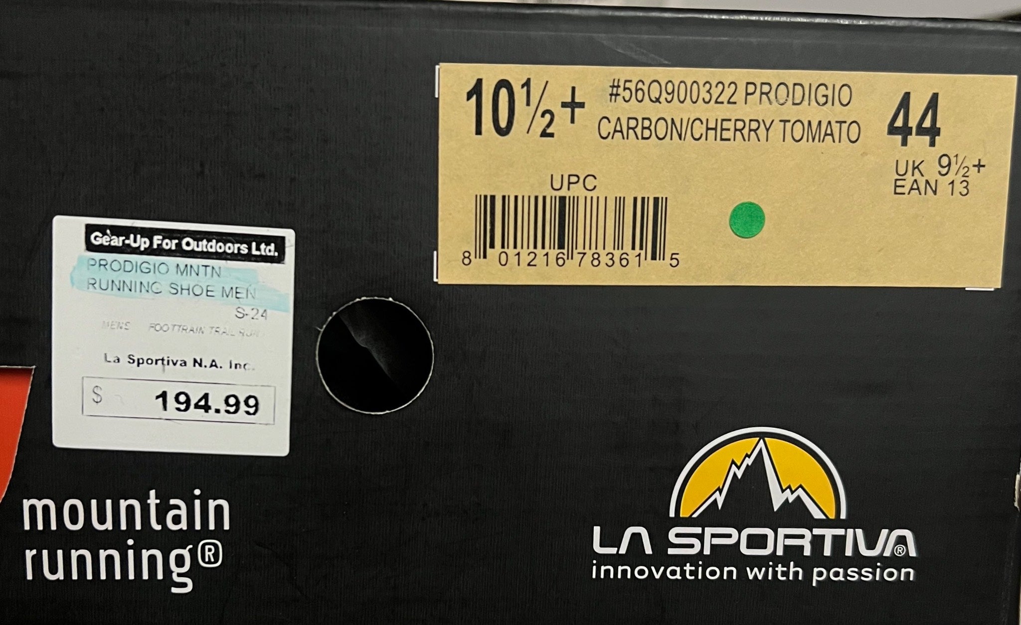 La Sportiva shoe box with product details and branding