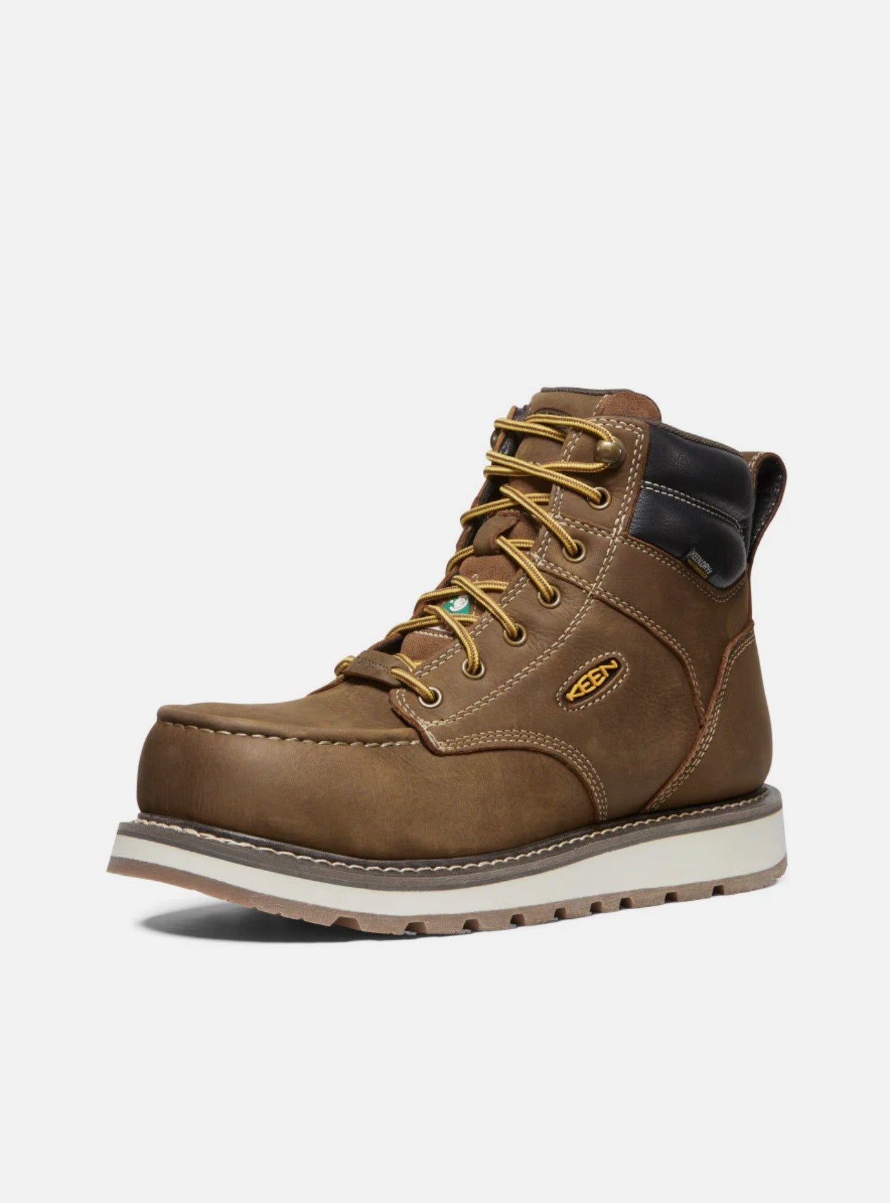 Brown leather boot with yellow laces on a white background