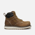 Brown leather boot with white sole on a light gray background