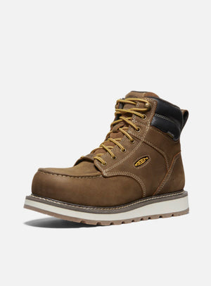 Brown leather boot with yellow laces on a white background