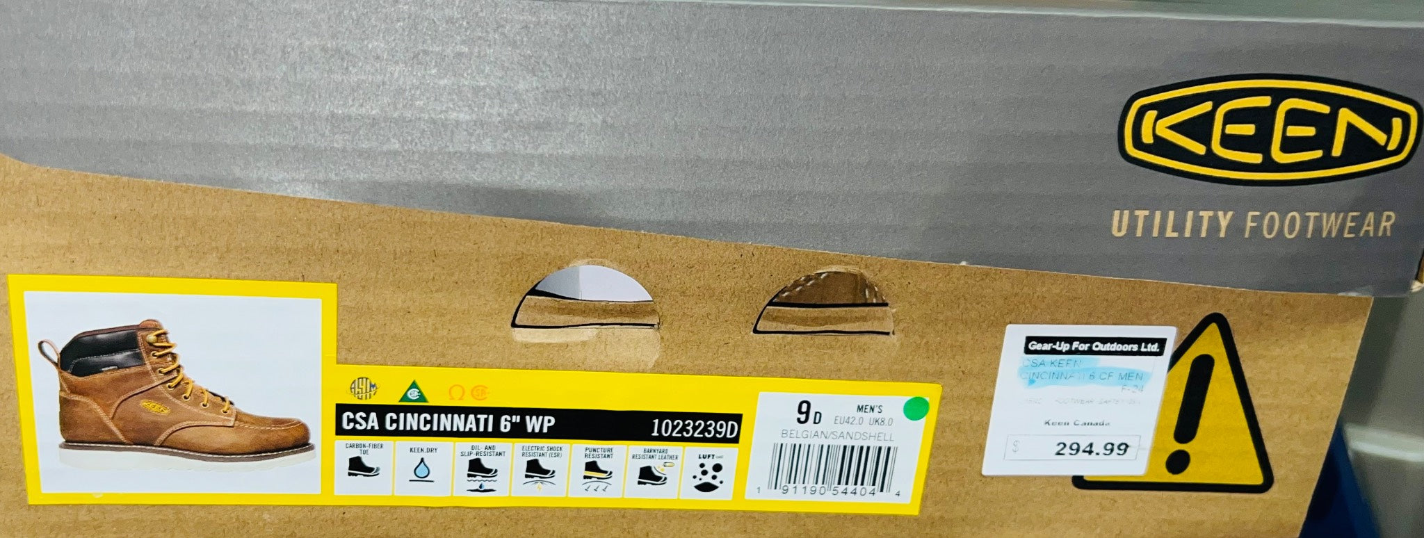 Keen utility footwear box with label and warning signs