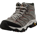 Gray hiking boot with black sole on a white background