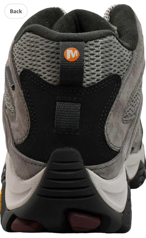 Close-up of a gray and black hiking shoe with a brand logo on the side.
